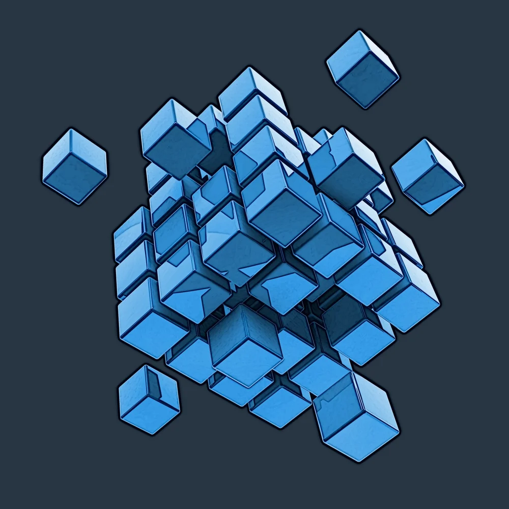 Blue partially assembled cube built from smaller cube blocks